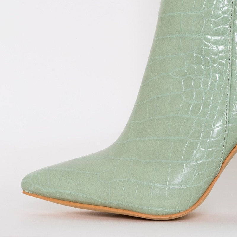 Mint Croco Embossed Chunky Heel Zipper Knee High Boots