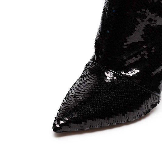 Black Sequined Stiletto Heel Zip Closure Pointed Toe Knee High Boots