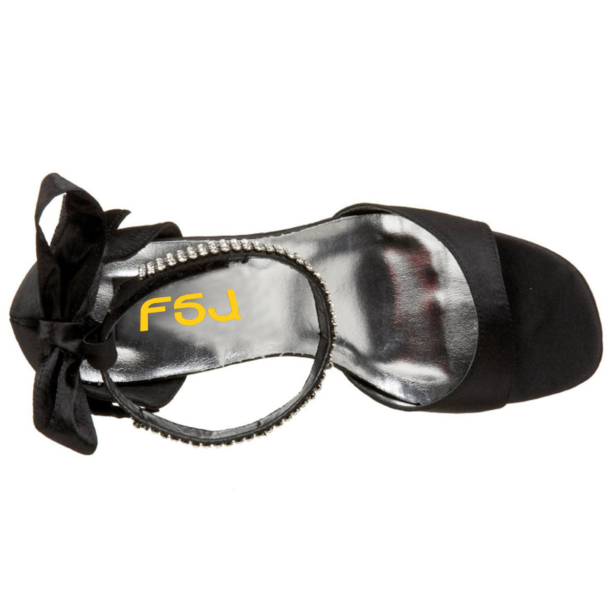 Black Bow Rhinestone Ankle Strap Chunky Heel Dress Sandals for Women