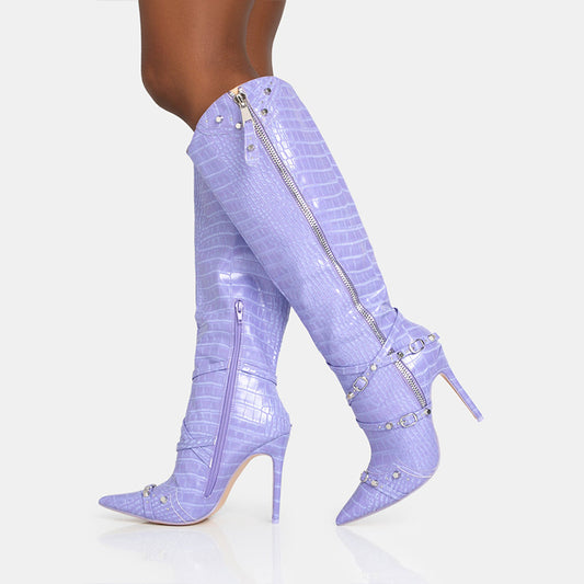 Purple Studded Stiletto Heel Buckle Strap Snakeskin Knee High Boots