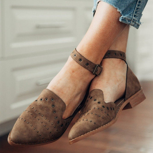Brown Vegan Suede Studs Hollow Out Ankle Strap Loafers for Women