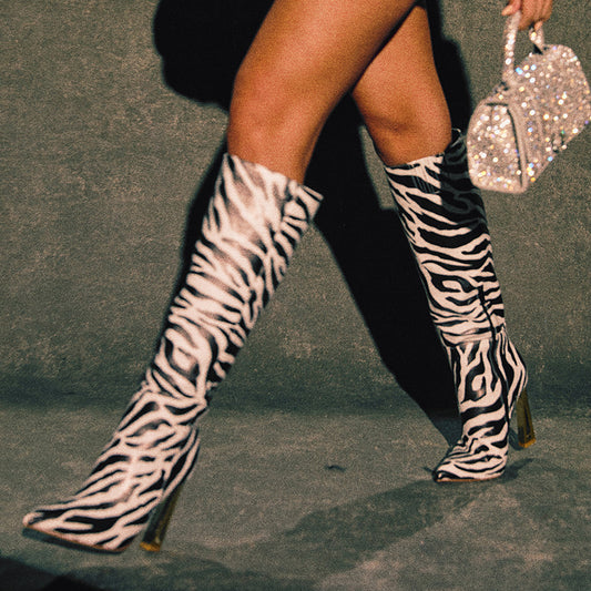 Black & White Zebra Print Knee High Boots with Gold Decorative Heel