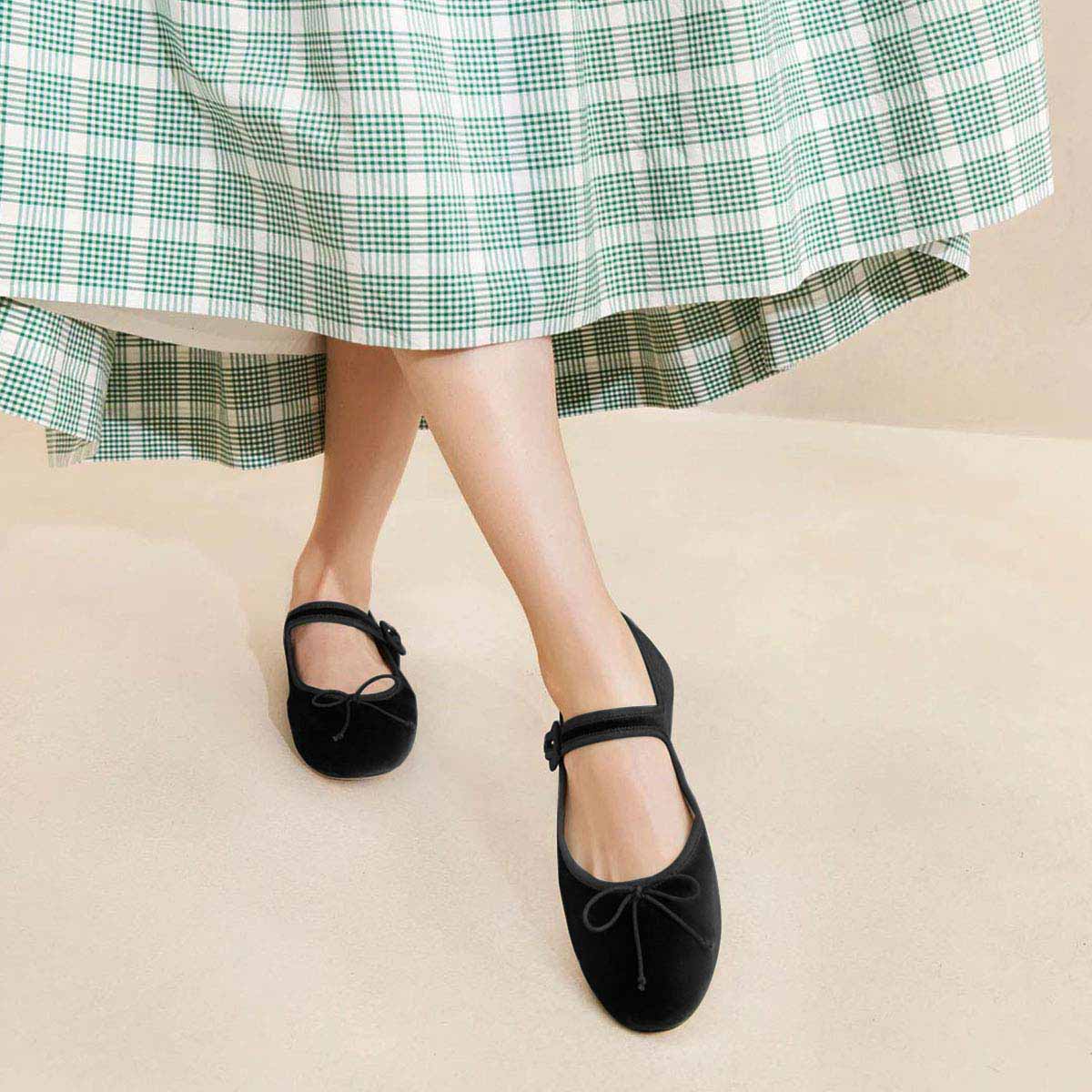 Black Velvet Round Toe Buckle Strap Mary Jane Flats with Bow Tie