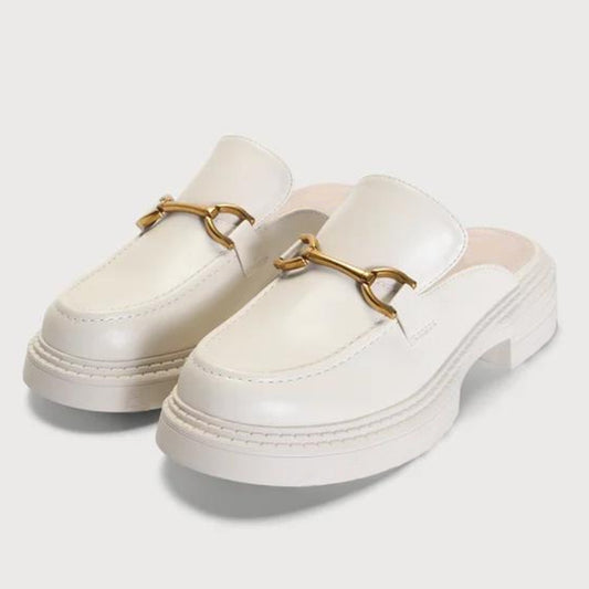 White Mules With Platform Chain Decor Flats