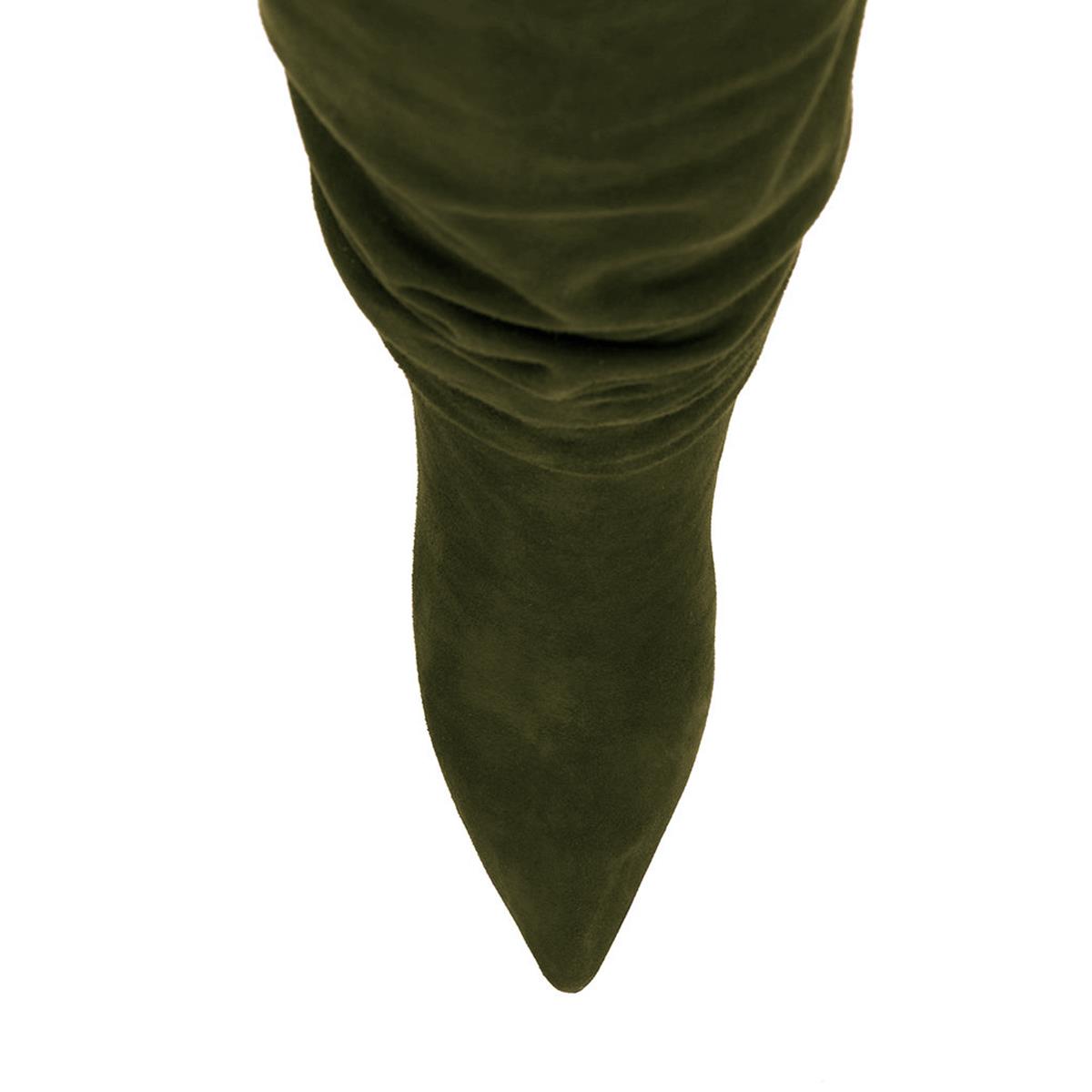 Pointed Toe Vegan Suede Stiletto Slouch Knee High Boots in Dark Green
