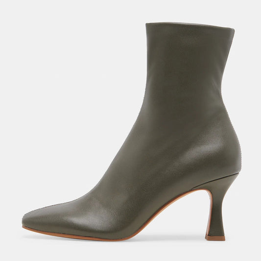 Vegan Leather Square Toe Side Zipper Spool Heeled Ankle Boots in Olive