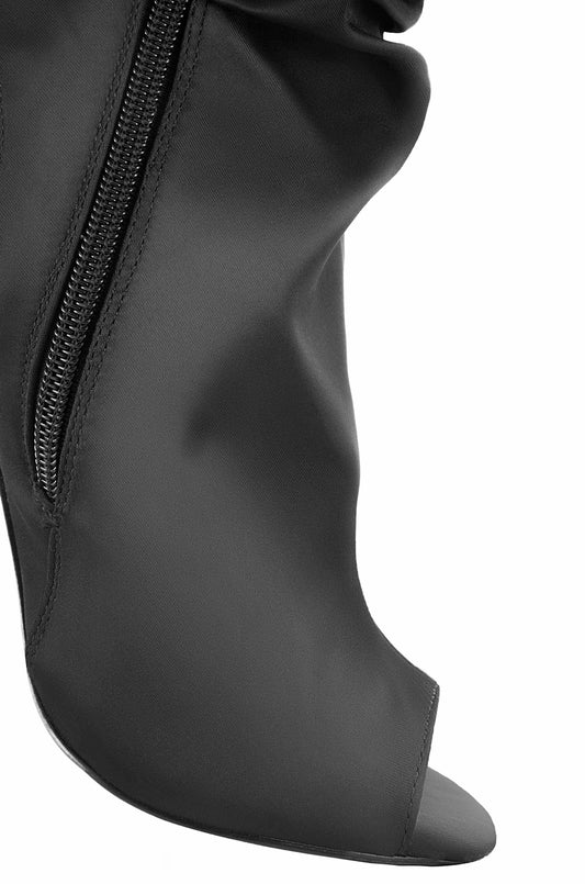 Women's Black Peep Toe Pleated Slingback Chunky Heel Ankle Boots