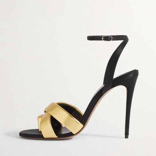 Black and Gold Ankle Strap Heels Stilettos Toe Loop Sandals for Women