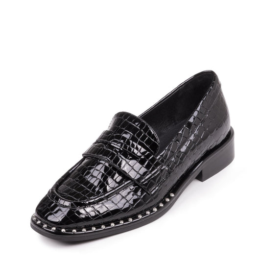 Black Patent Leather Embossed Square Toe Penny Loafers for Women