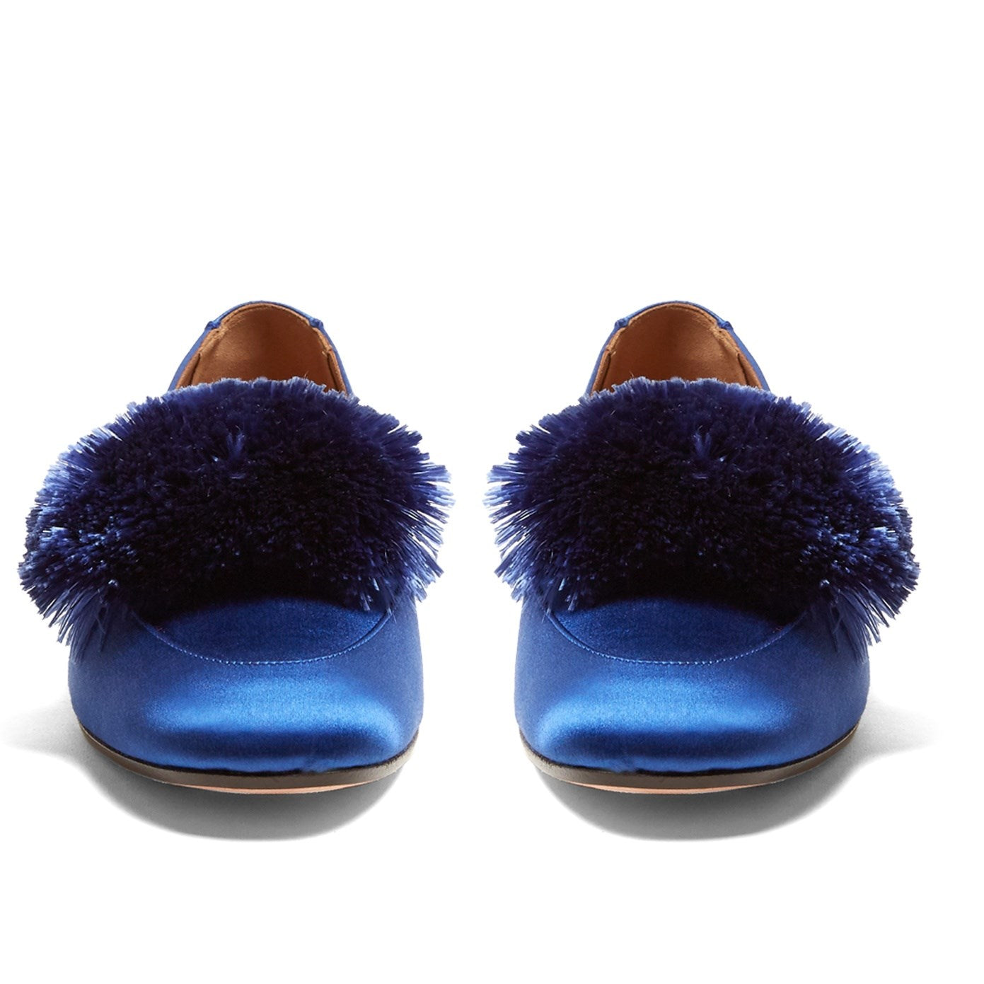 Royal Blue Satin Square Toe Pom Pom Flats Women's Loafers