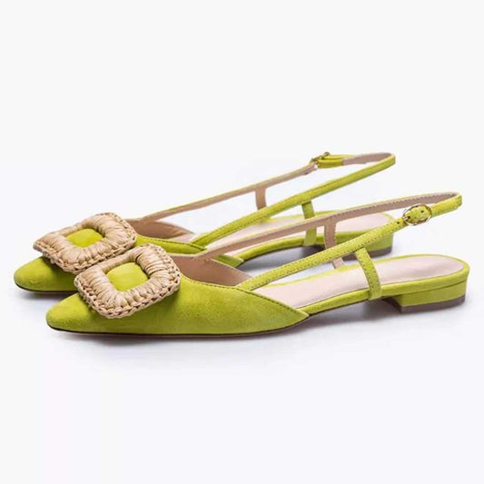 Women's Green Vegan Suede Closed Toe Buckle Slingback Flats
