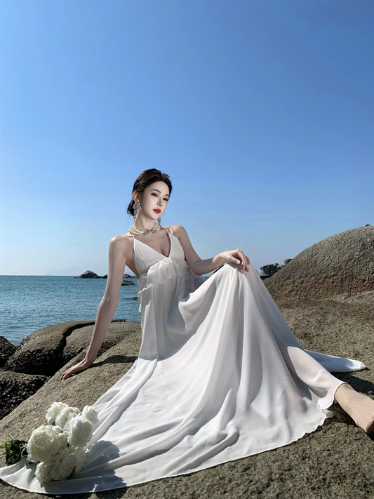 Simple Fashion Women White Design Sense Beach Holiday Banquet Halter Dress TP3075