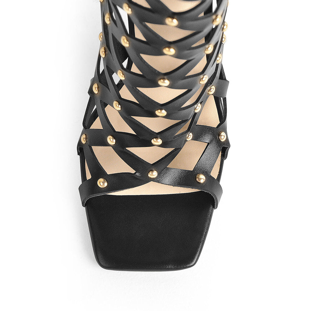 Black Open Toe 4'' Flared Heel Gladiator Knee High Boots