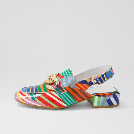 Multicolor Patent Leather Stripe Chain Slingback Heeled Loafers