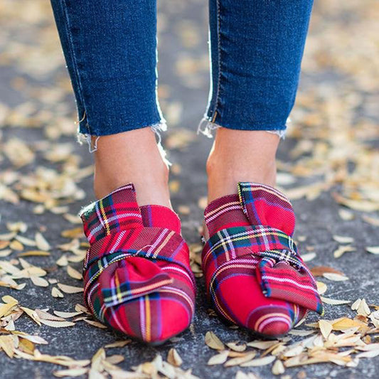Red and Green Tartan Knotted Front Slip-On Flat Mule Women's Loafers