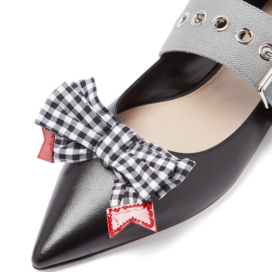 Black Pointed Toe Grommet Strap Fastening Flats with Plaid Bow