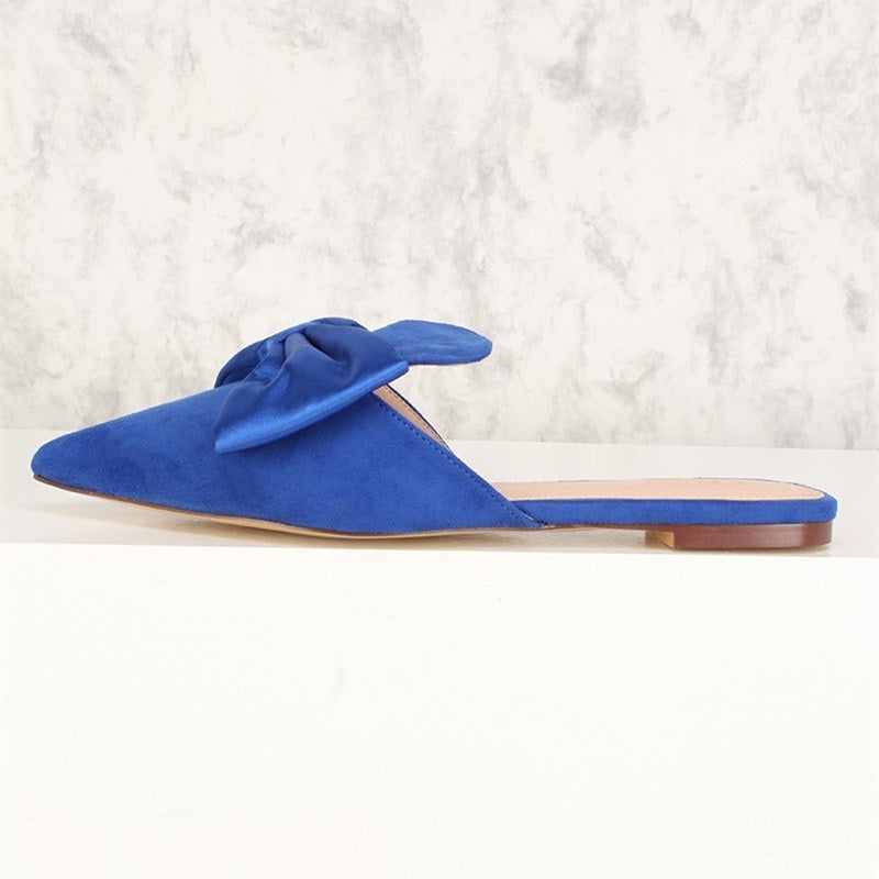 Blue Vegan Suede Bow Flat Mule Loafers for Women
