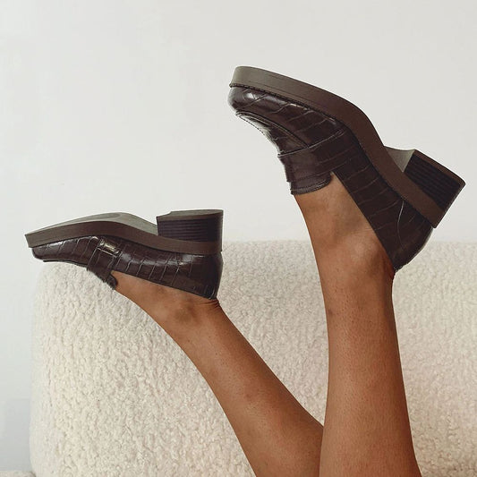 Brown Croco Embossed Closed Toe Classic Heeled Loafers Women