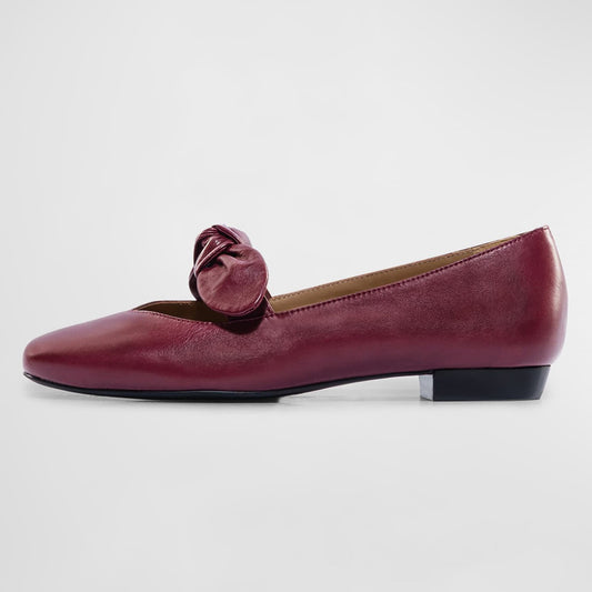 Burgundy Vegan Leather Bow Square Toe Women's Dress Flats