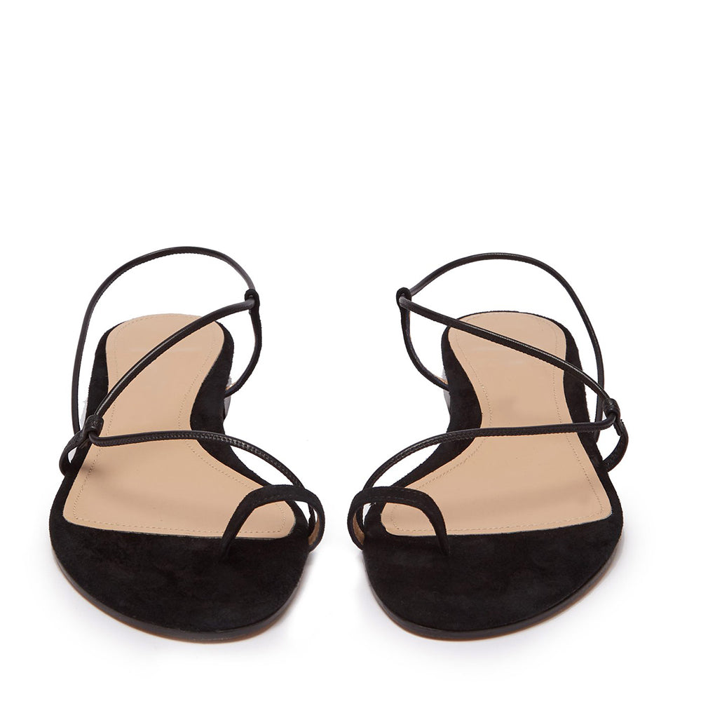 Black Vegan Suede Strappy Flats Toe Loop Sandals