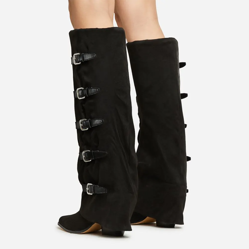 Black Vegan Suede Almond Toe Chunky Heel Fold-Over Knee High Boots
