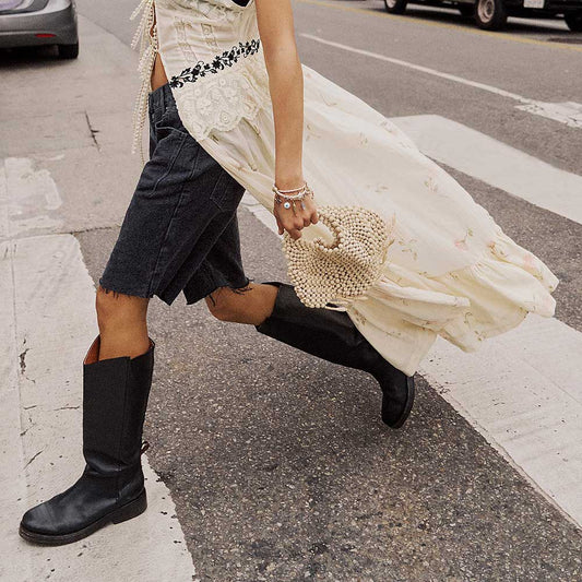 Black Vegan Leather Round Toe Low Heel Knee High Boots for Women