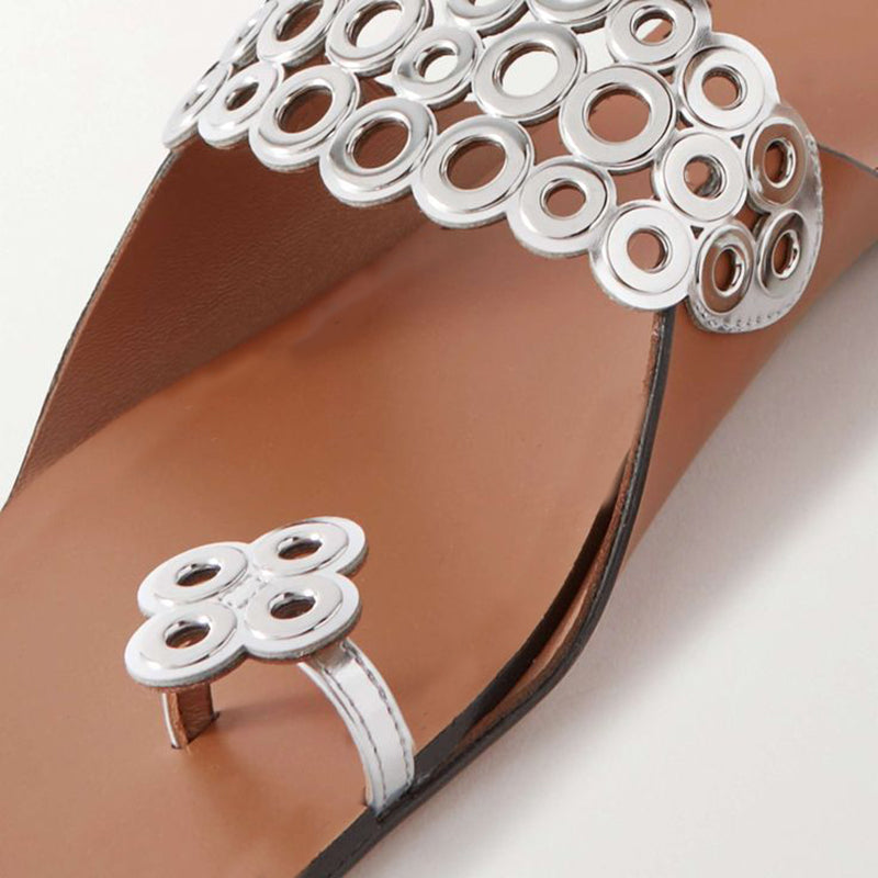 Brown Toe Ring Sandals Silver Cut Out Embellished Ankle Strap Flats