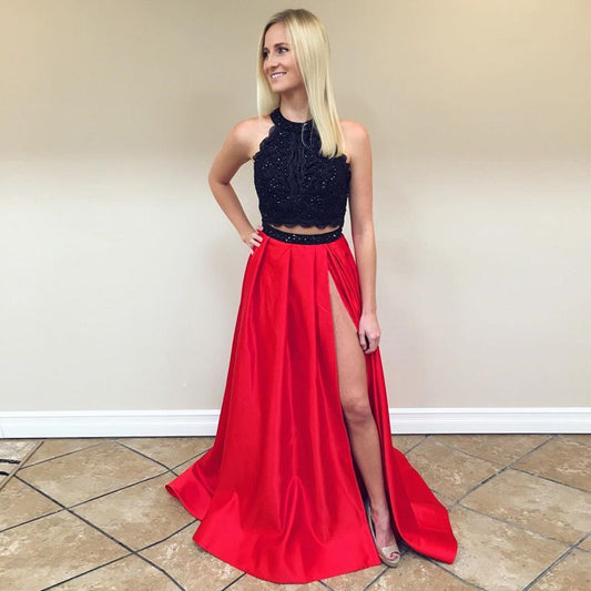Two Pieces Black Red Long Prom Dress