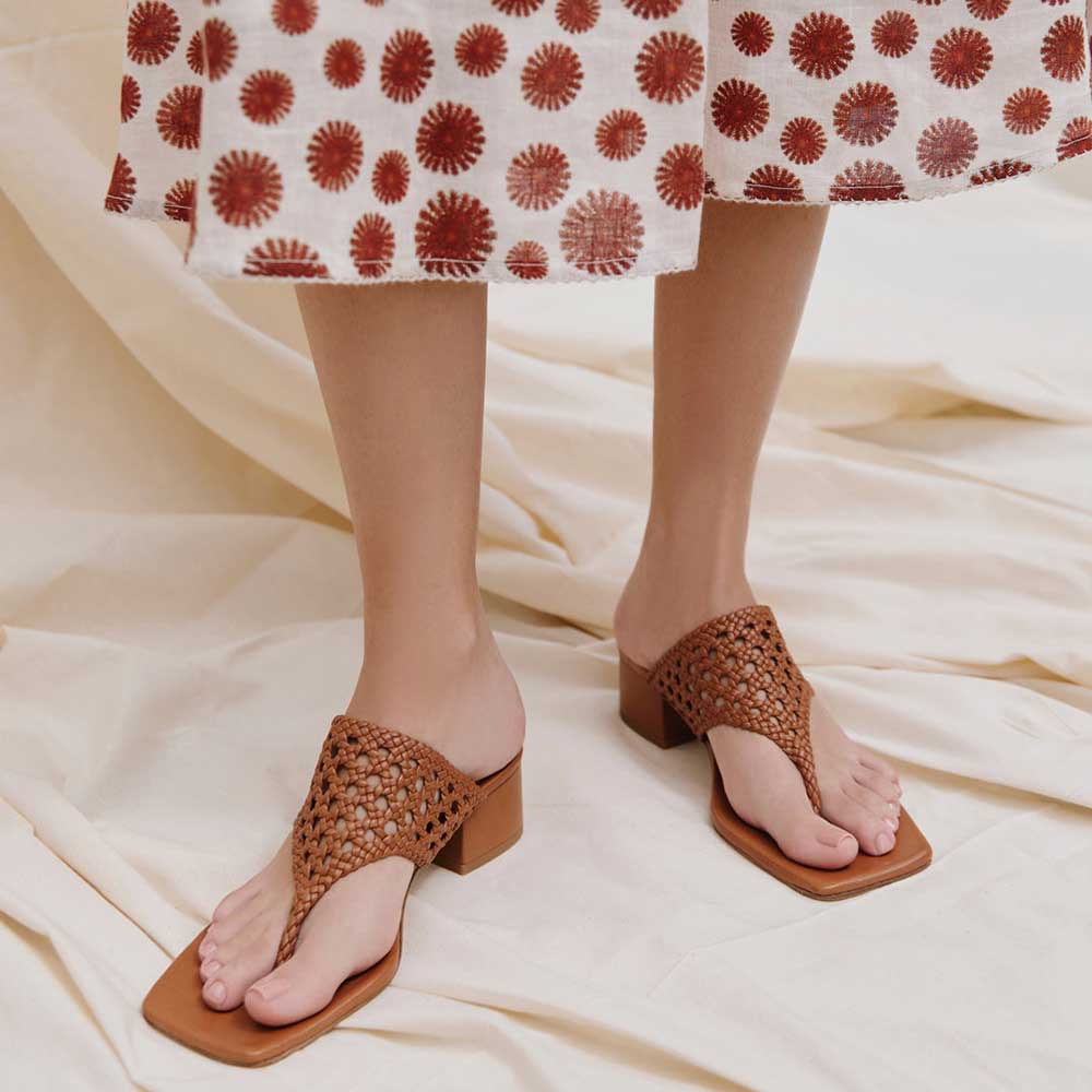 Vegan Leather Square Toe Woven Strap Mules with Chunky Heels