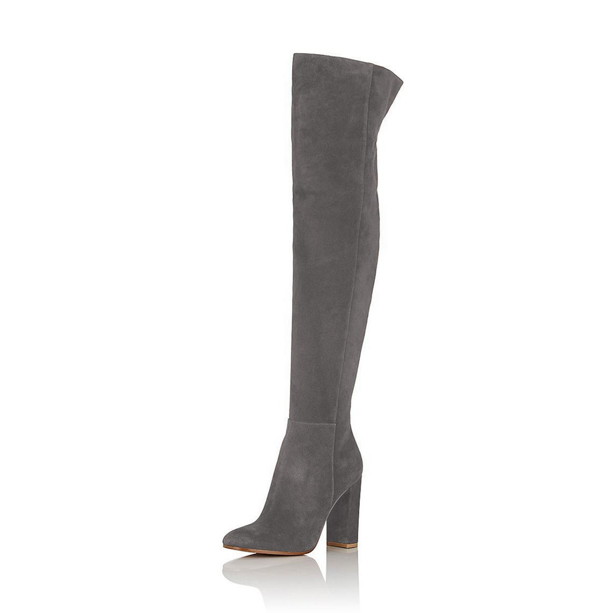 Women's Vegan Suede Closed Toe Over The Knee Boots with Block Heels