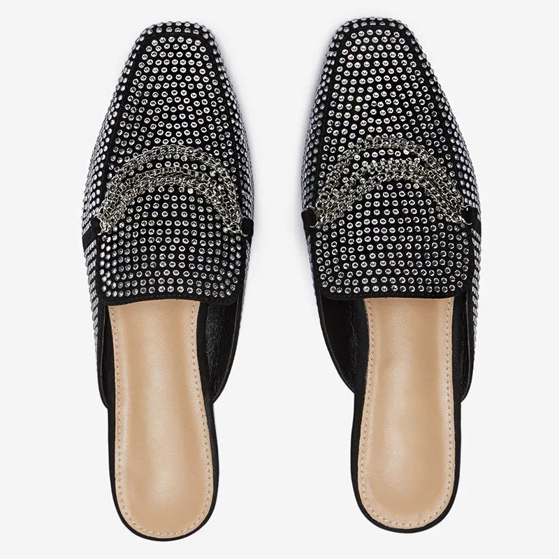 Black Square Toe Flats Rhinestones Mule Loafers for Women