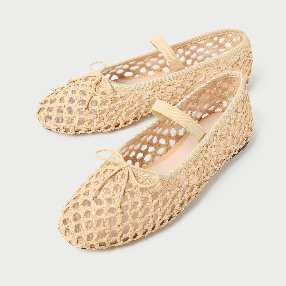 Beige Vegan Leather Round Toe Flat Woven Sophisticated Ballet Shoes