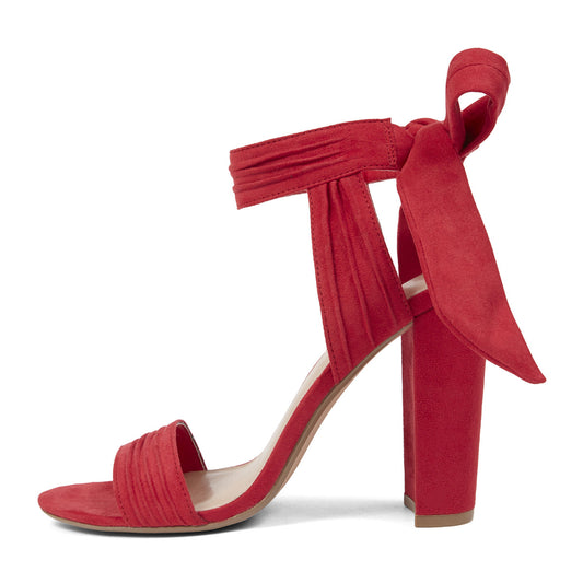 Red Vegan Suede Prom Sandals Pleated Ankle Strap Chunky Heels