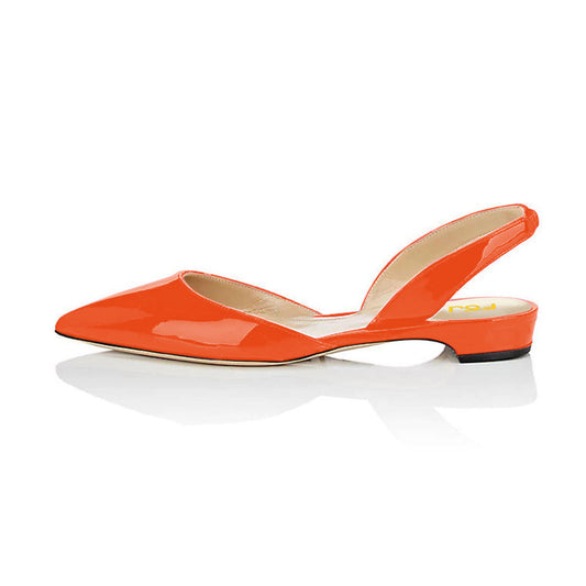 Orange Patent Leather Slingback Shoes Pointy Toe Comfortable Flats