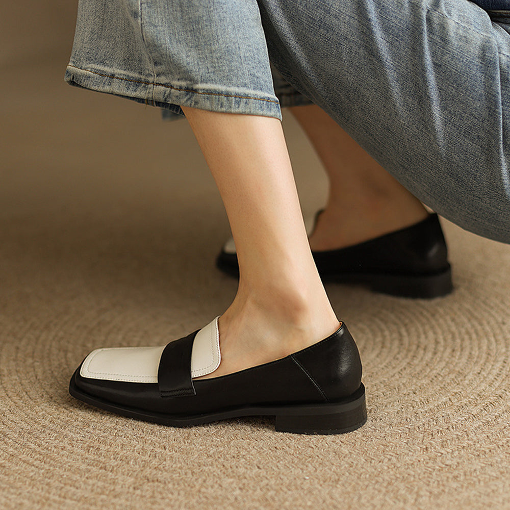 Black & White Square Toe Block Heel Loafers for Women