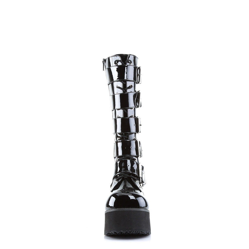 Black Patent Leather Round Toe Wedge Heel Platform Knee High Boots