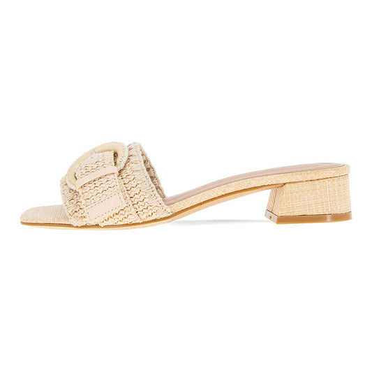 Beige Woven Raffia Open Square Toe Buckle Block Heel Slide Sandals