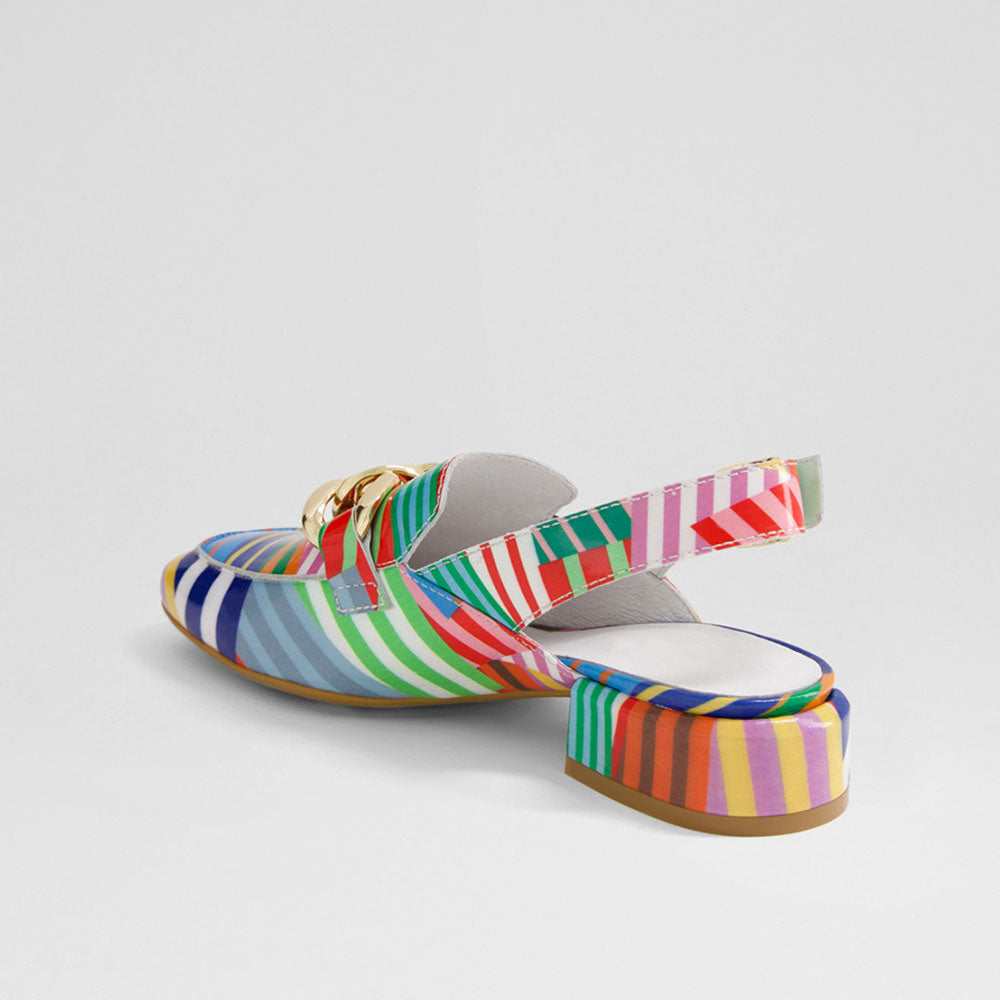 Multicolor Patent Leather Stripe Chain Slingback Heeled Loafers