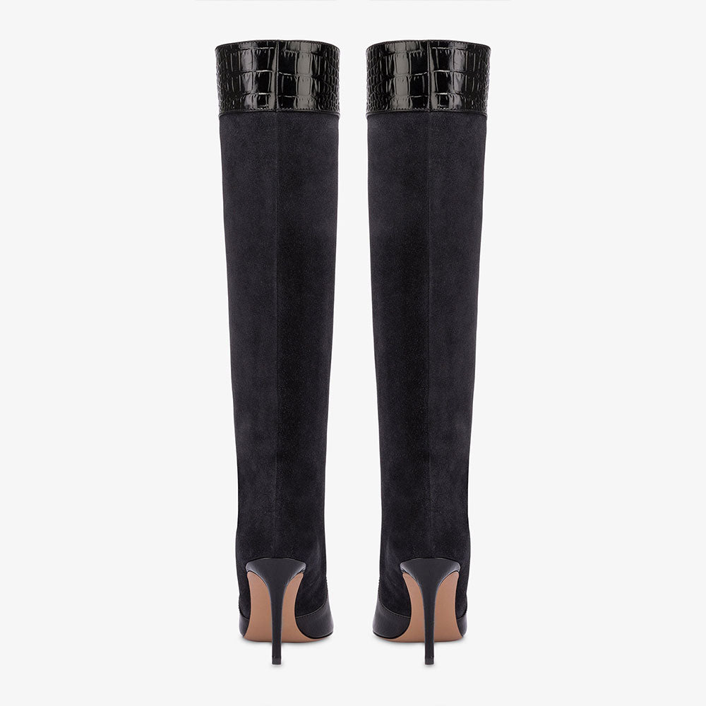 Black Crocodile Embossed Pointed Toe Stiletto Heel Knee High Boots