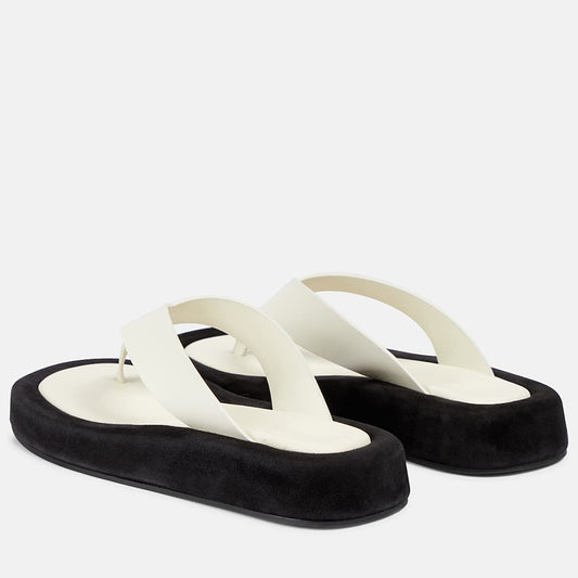 Women's Classic Ivory and Black Open Square Toe Flats Flip Flops