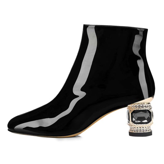 Black Pointed Toe Decorative Heel Side-Zip Elegant Ankle Boots