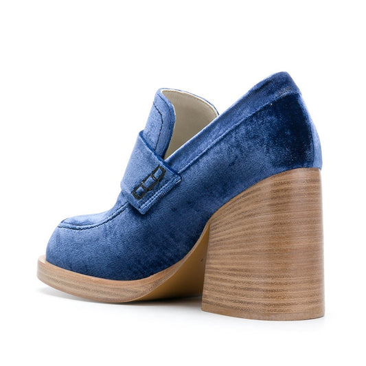Navy Velvet Round Toe Block Heeled Loafers for Women