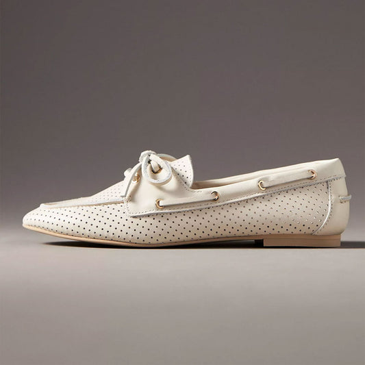 Ivory Vegan Leather Perforated Lace Up Round Toe Flat Women's Loafers