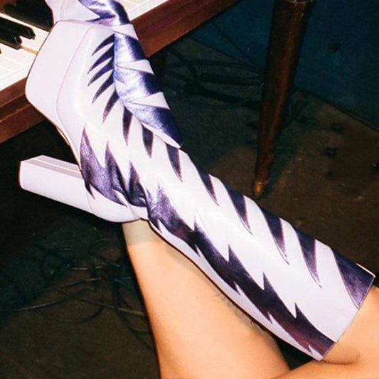 Purple Square Toe Boots Flame Platform Knee High Boots