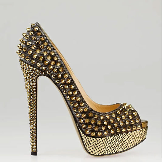 Women's Platform Pumps Peep Toe Rivet Embellished Sexy High Heels