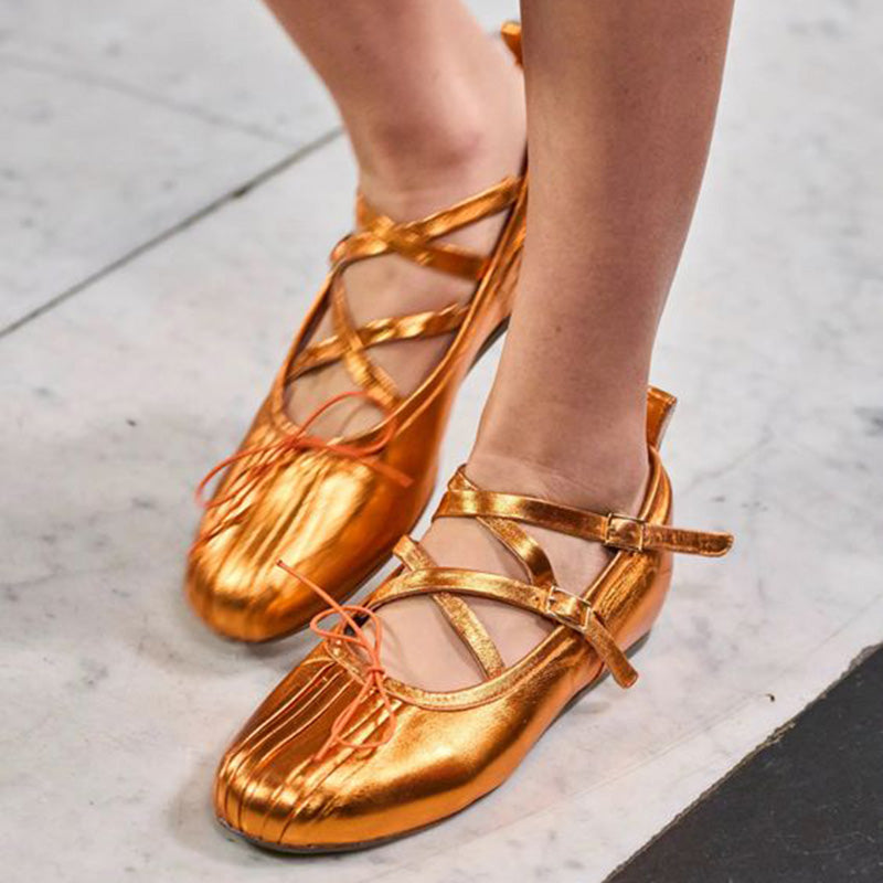 Metallic Orange Strappy Shoes Round Toe Ruched Bow Ballet Flats
