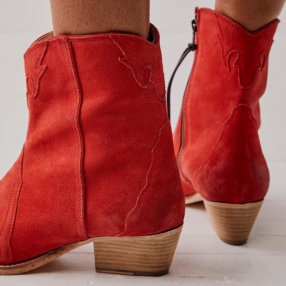 Red Vegan Suede Zipper Booties Stacked Heel Western Boots for Women