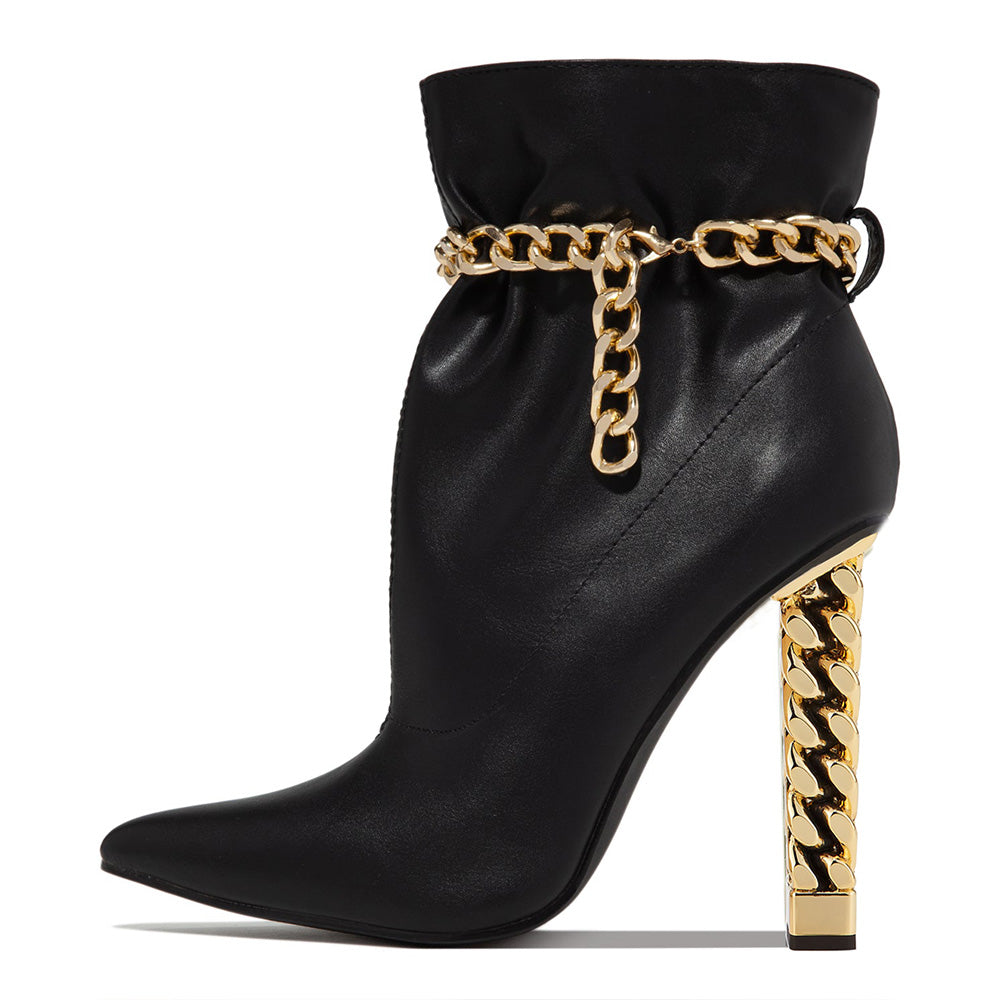 Black Pointed Toe Decorative Heel Ankle Boots with Gold Chain