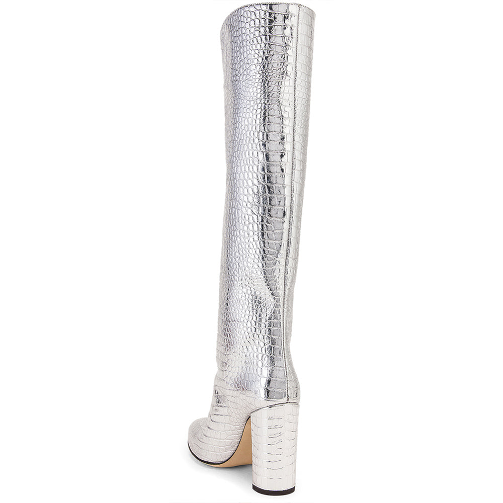 Silver Chunky Heel Croco Embossed Pointed Toe Knee High Boots