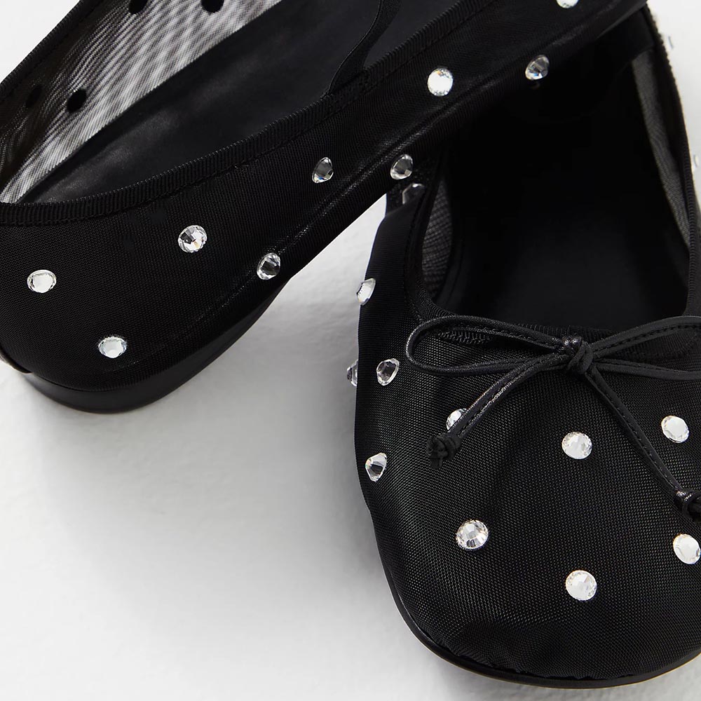 Black Mesh Round Toe Embellished Shiny Ballet Flats